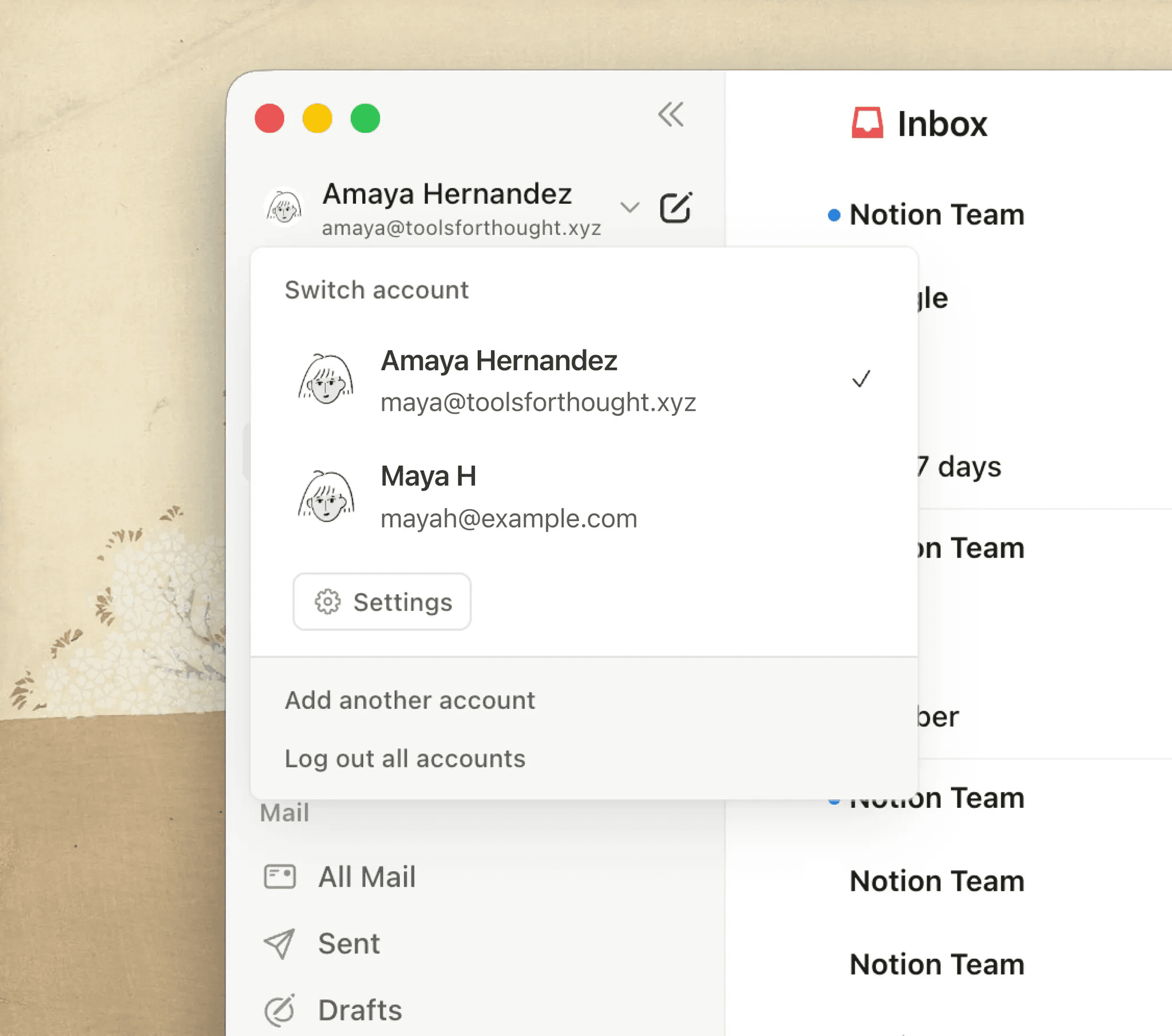 Notion Mail 支援多組帳號