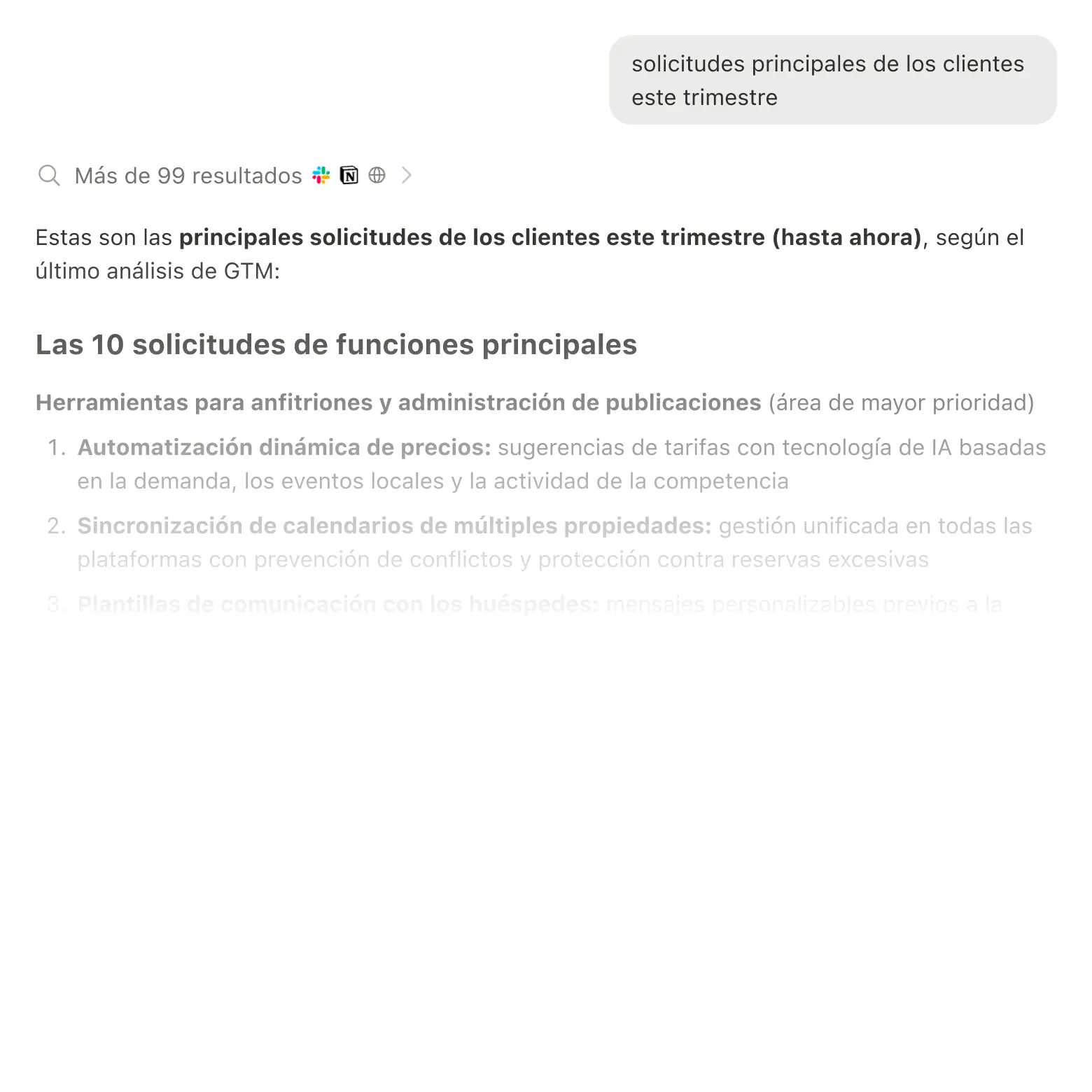 Resultados de búsqueda que muestran información de Slack, Google Drive y Jira