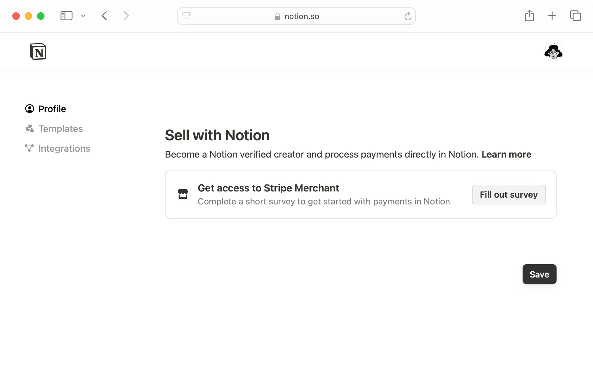 إذا كنت ترغب في البيع عبر Notion، فأكمِل الاستبيان للوصول إلى Stripe Merchant.
