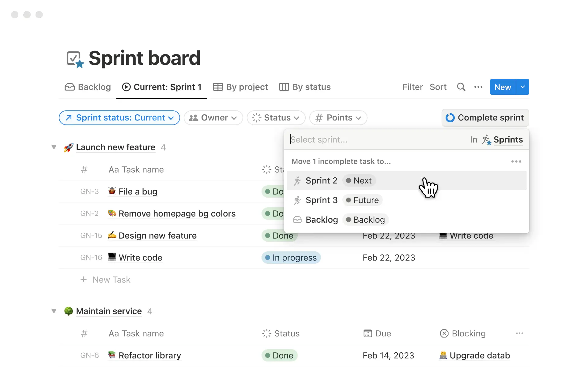 An example of a shared sprint board in Notion.