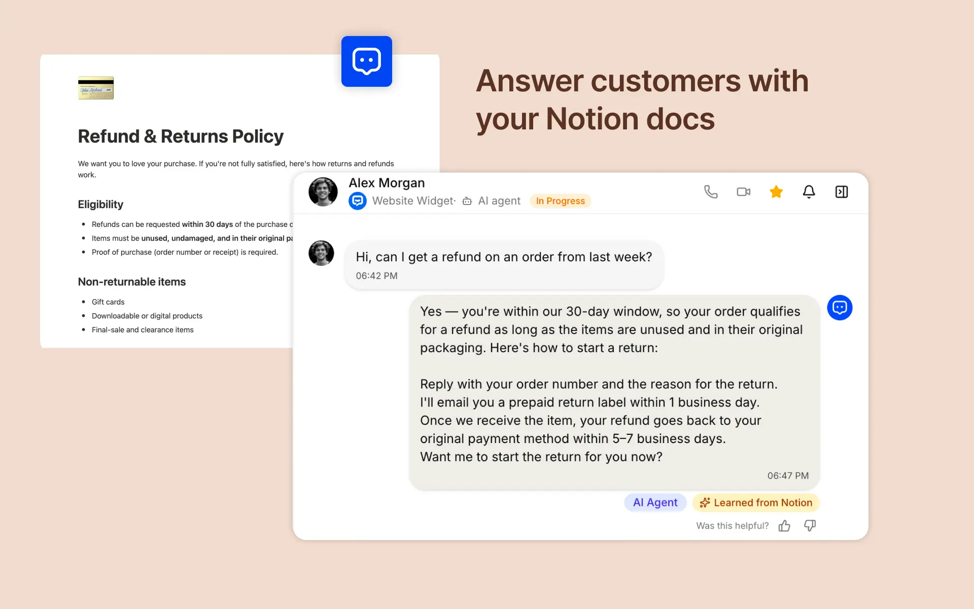 Bring your Notion knowledge into Chatasist so AI can answer customer questions from it.