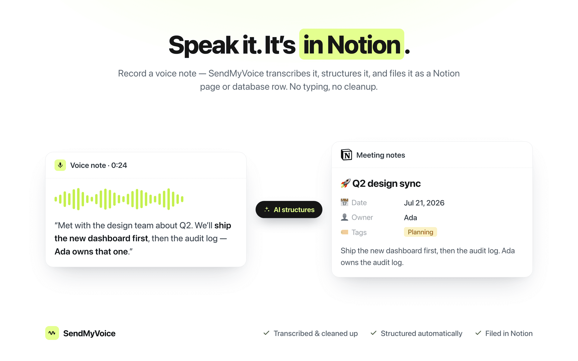 Speak it - and it's in Notion 💥 SendMyVoice turns a quick voice note into a clean, structured Notion page or database row, automatically.