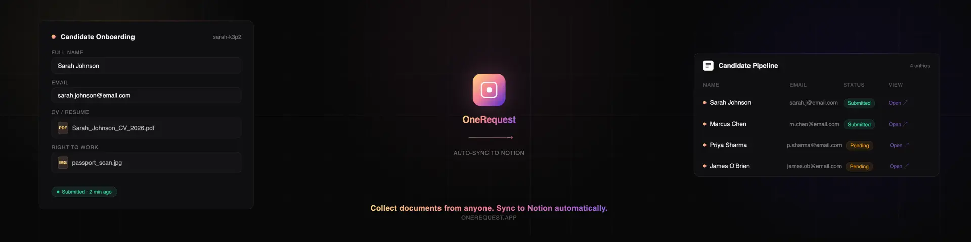 Automatically sync form submissions and document requests to your Notion databases. One link collects everything — Notion organises it
