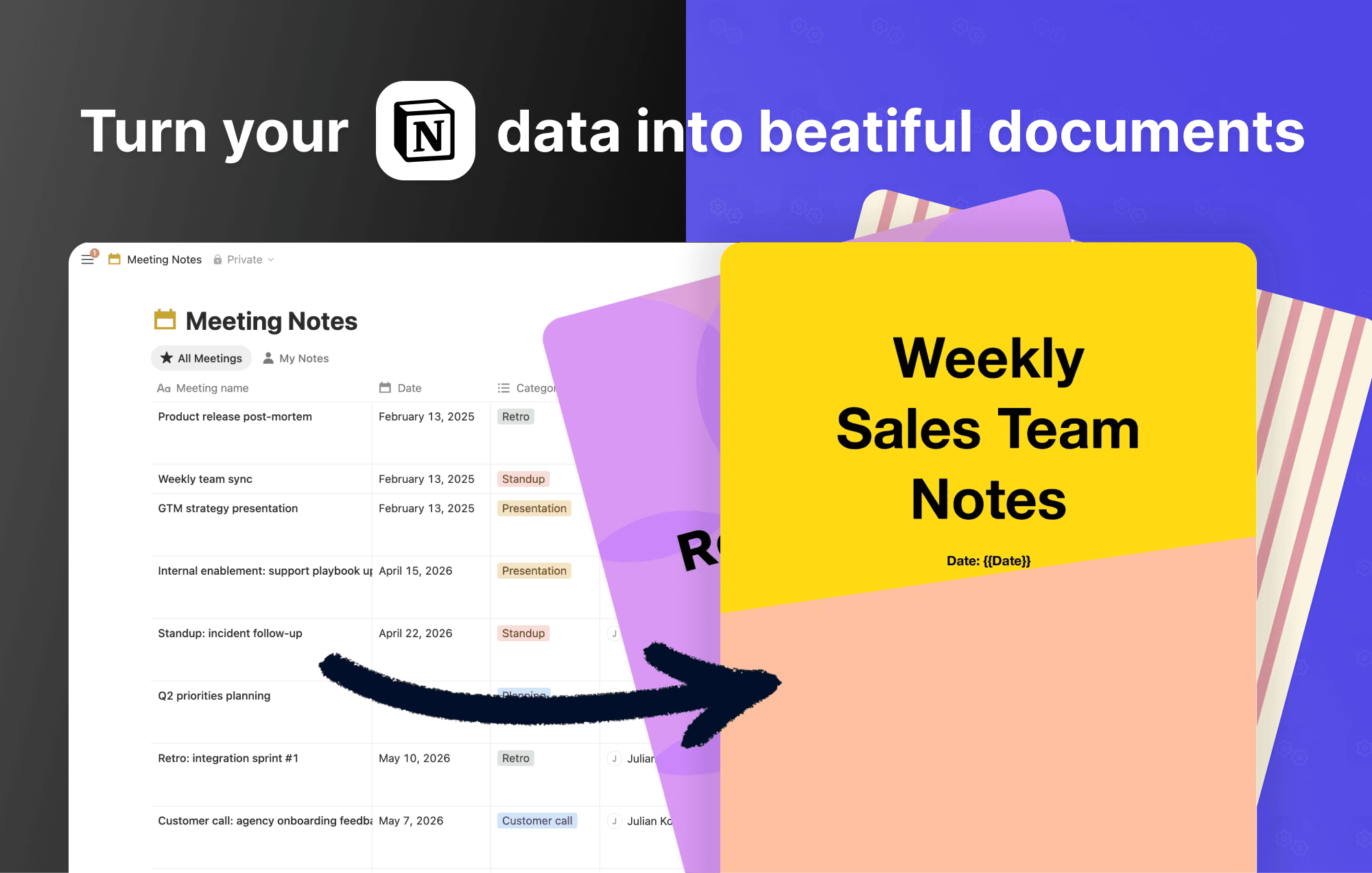 Turn Notion entries into polished PDFs, Google Docs, and signed contracts.