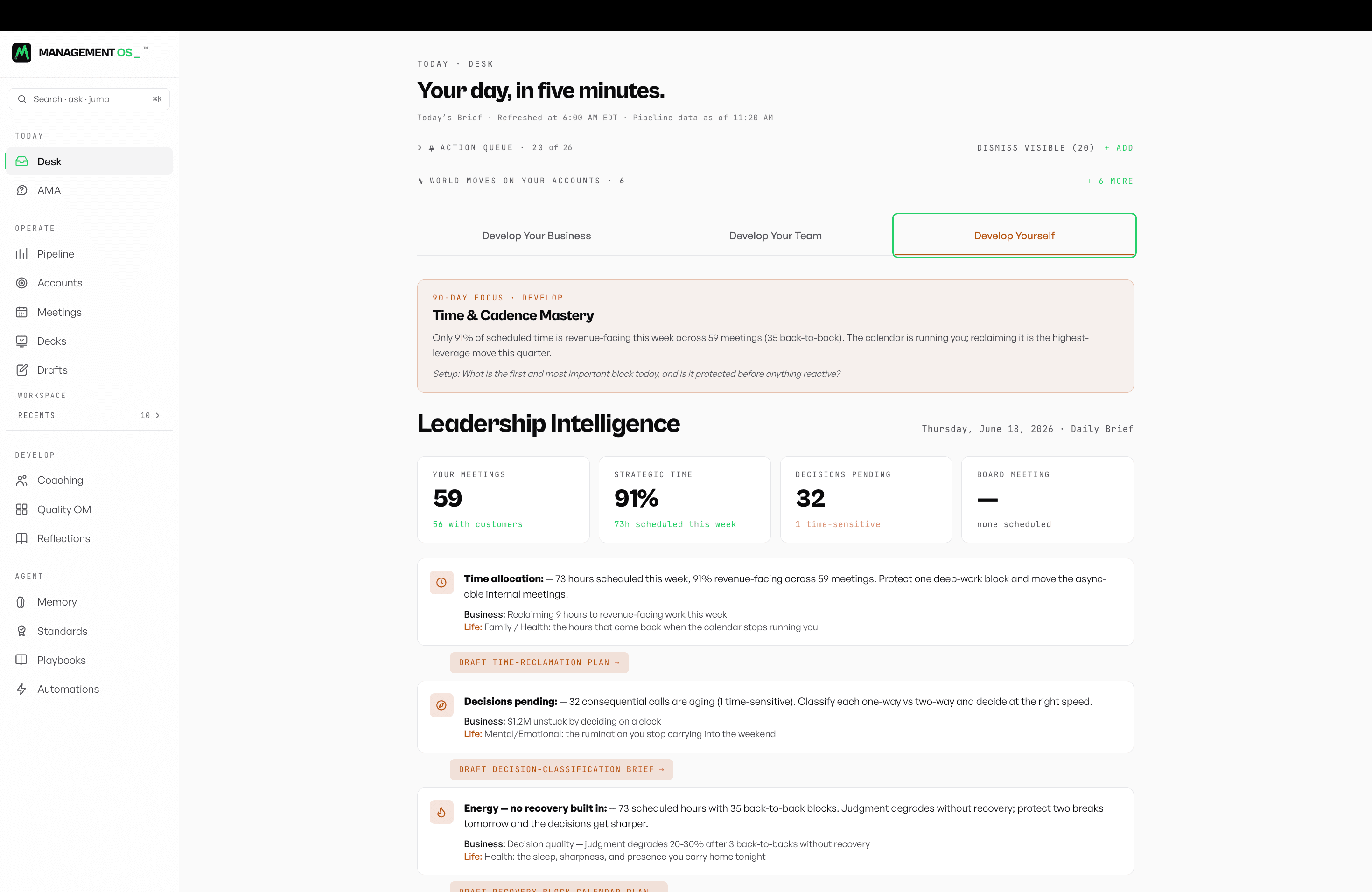 Daily intelligence briefs, coaching, and deal priorities for revenue leaders.