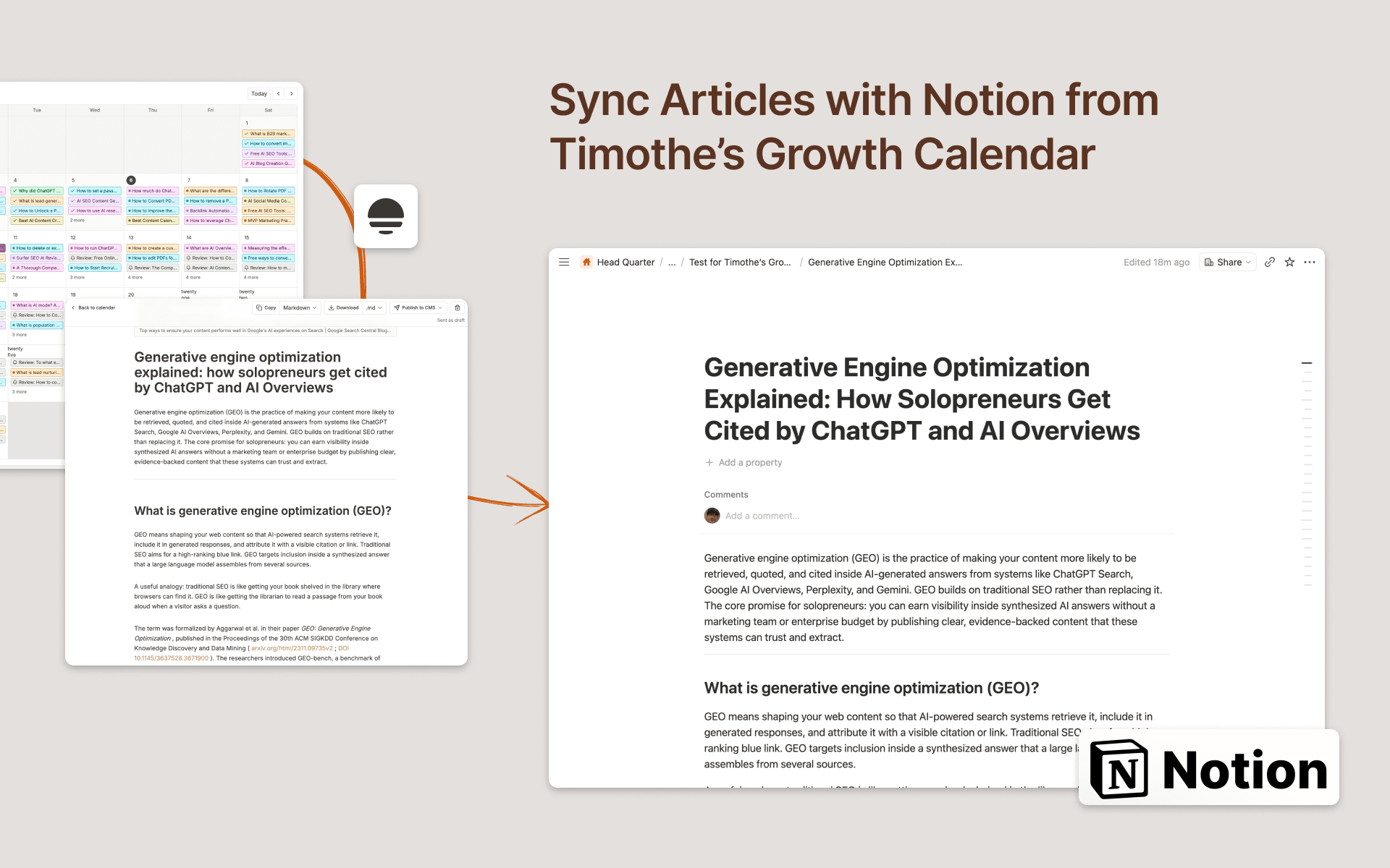 Send the SEO articles Timothe writes into a Notion database, as pages you can review and edit.