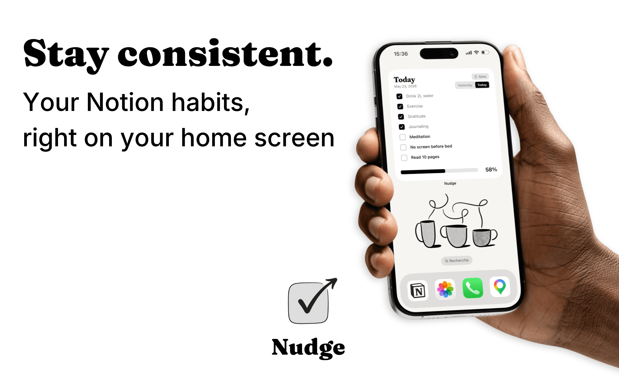 Nudge turns your Notion habit tracking database into an interactive widget on iOS, so you can check off your habits in one tap directly from your home screen and keep everything centralized in Notion.