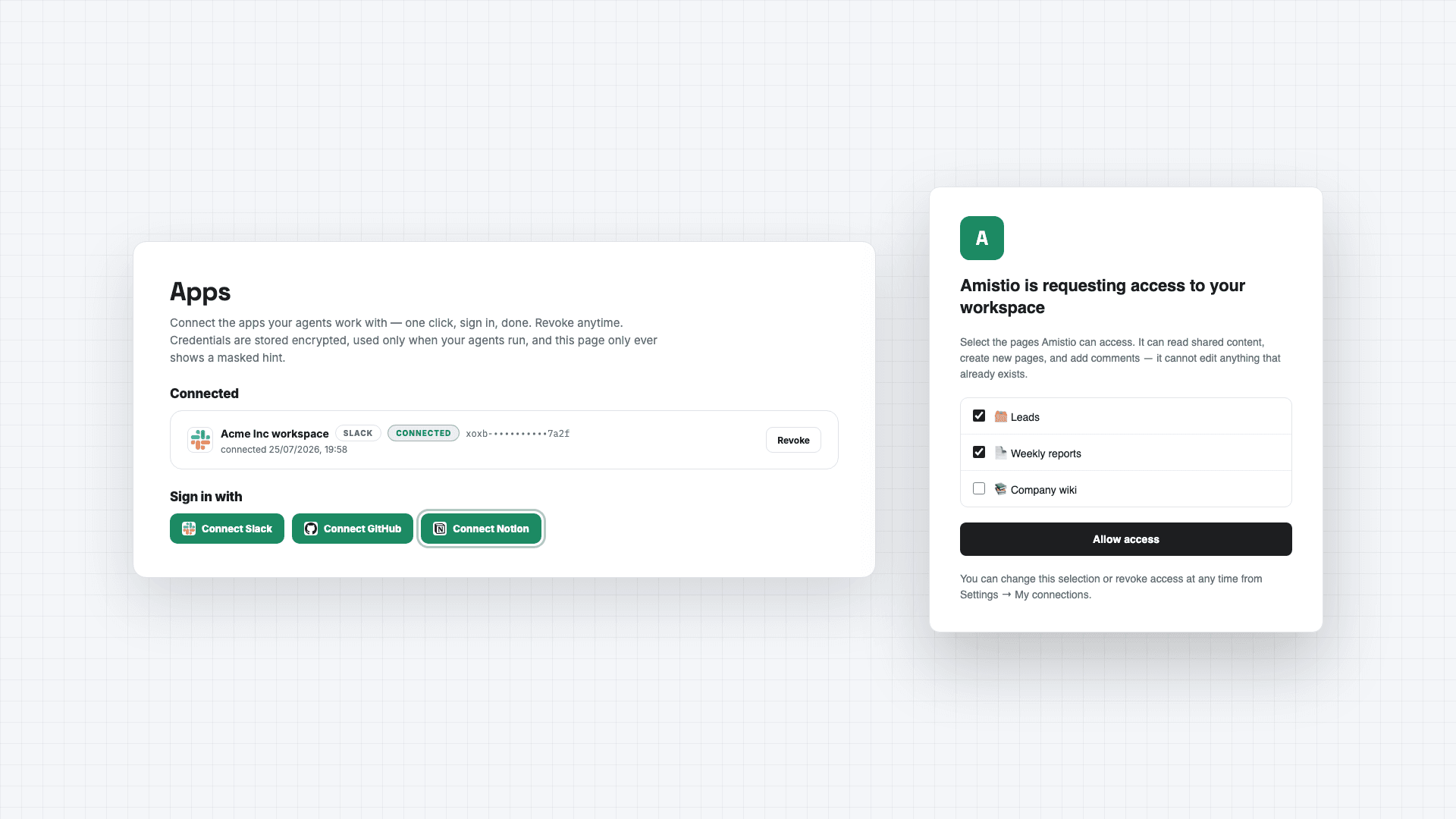 AI agents that file their work into Notion — pages and database entries created automatically from the workflows you build.