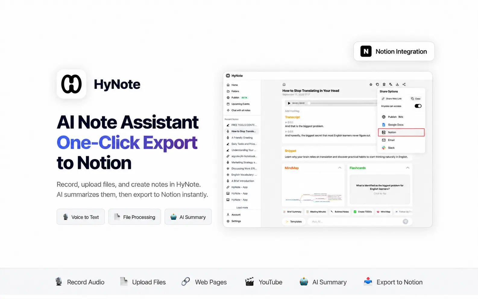 Turn recordings, files, and handwritten notes into clear AI summaries—and export them to Notion in one click.